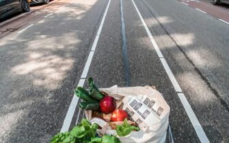 Persona en bicicleta transporta una compra repleta de verduras