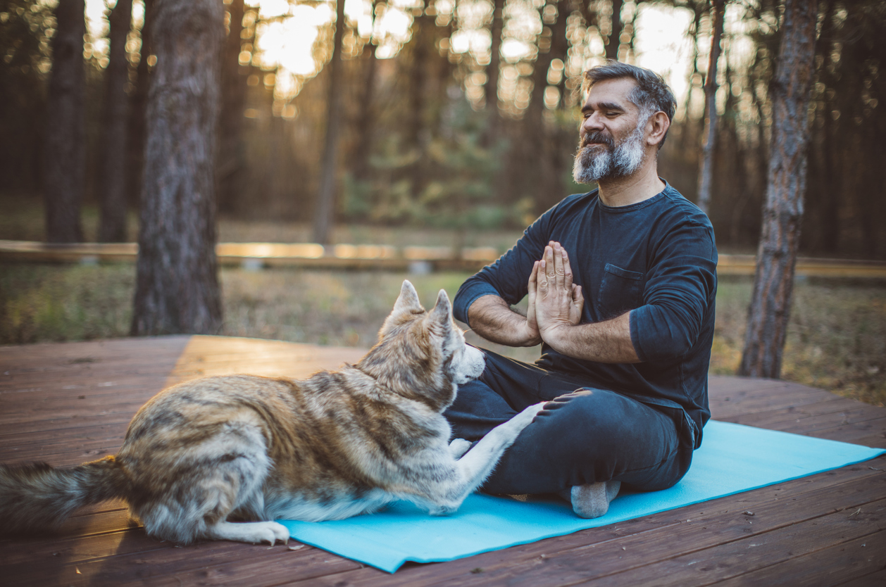 hombre haciendo meditacion en la montaña con su perro