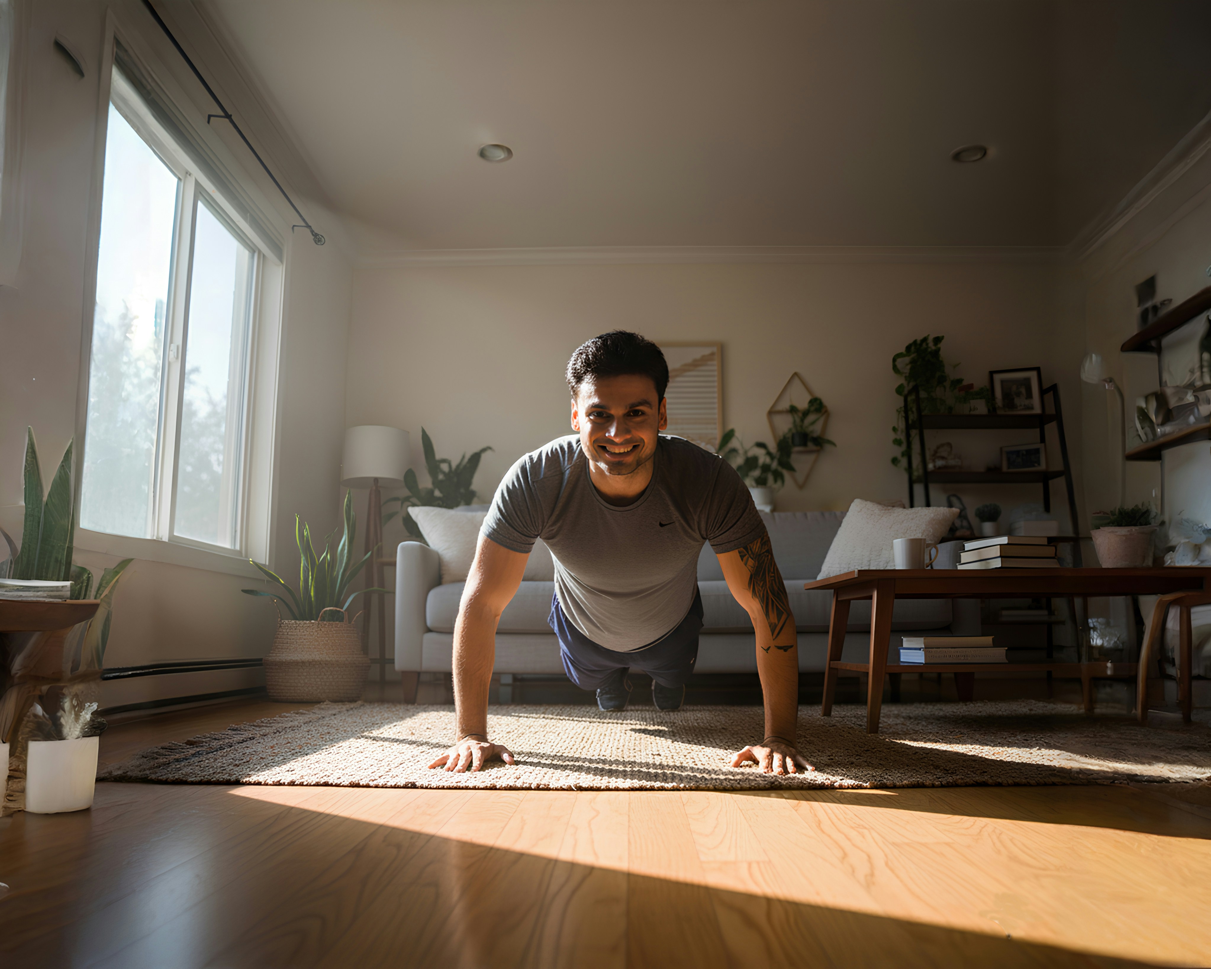 No hace falta contar con material deportivo para ponerse en forma sin pasar por el gym Joven aprovecha la alfombra del comedor para hacer unas flexiones